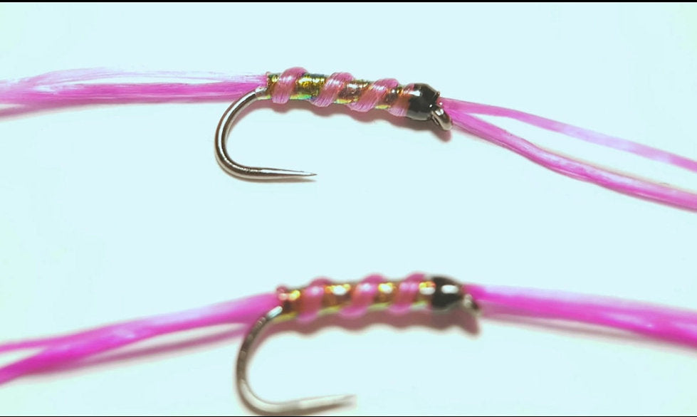 2 x Pink apps bloodworm trout flies | size 12 barbless hooks