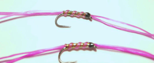 2 x Pink apps bloodworm trout flies | size 12 barbless hooks