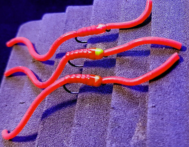3 x Mix of Squirmy Worms (Red) Trout Flies | Size10 Barbless Hooks