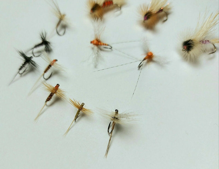 12 x Mixed dry fly trout flies | premium materials | Whiting & Metz hackle etc