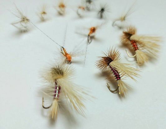 12 x Mixed dry fly trout flies | premium materials | Whiting & Metz hackle etc
