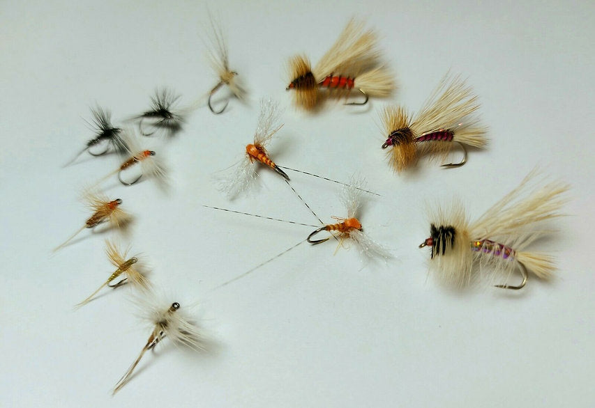 12 x Mixed dry fly trout flies | premium materials | Whiting & Metz hackle etc