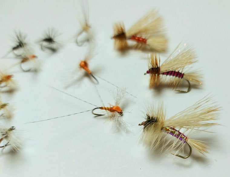 12 x Mixed dry fly trout flies | premium materials | Whiting & Metz hackle etc