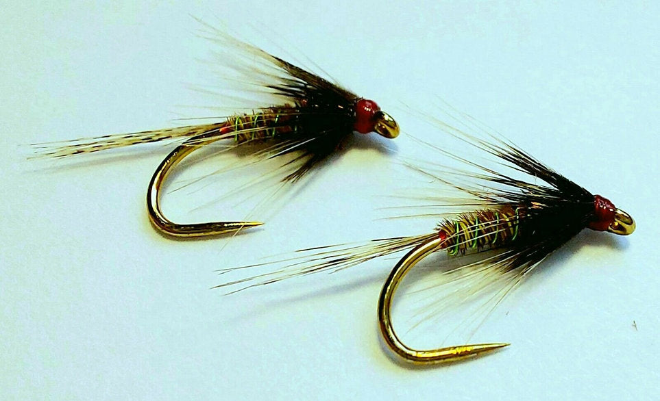 2 x Olive Cruncher trout flies | Comp / Barbless Fario Hooks - Size 12 hooks