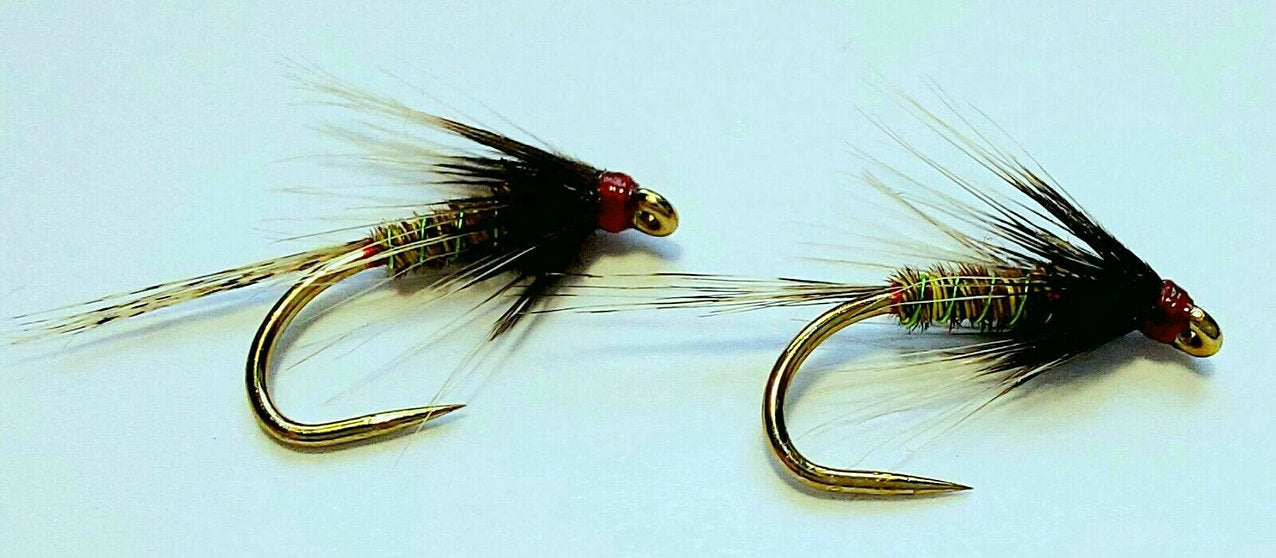 2 x Olive Cruncher trout flies | Comp / Barbless Fario Hooks - Size 12 hooks