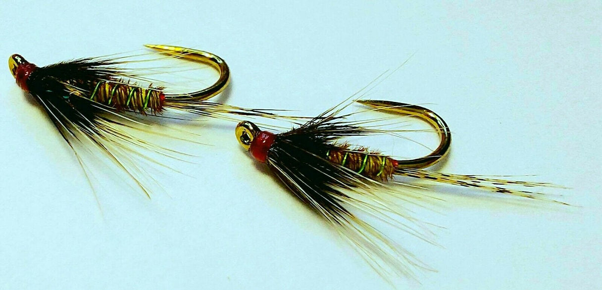 2 x Olive Cruncher trout flies | Comp / Barbless Fario Hooks - Size 12 hooks