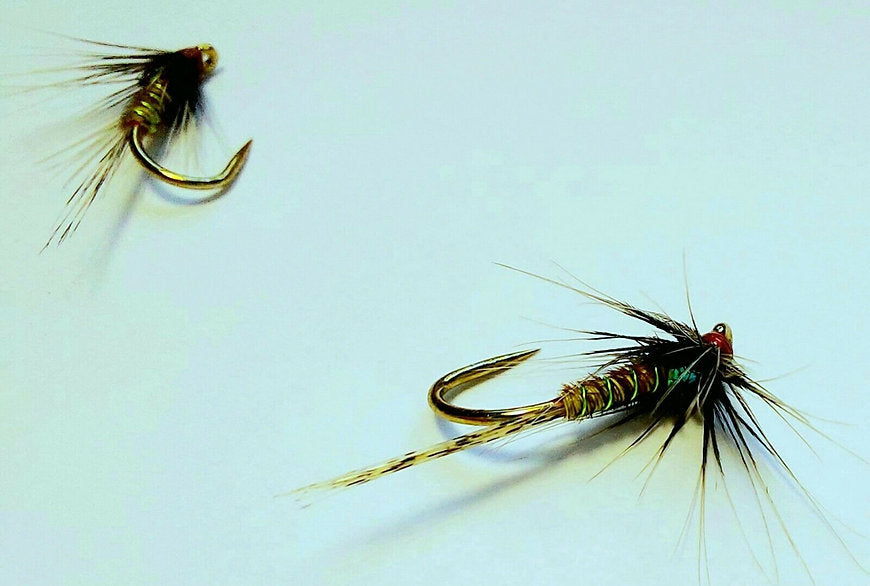 2 x Olive Cruncher trout flies | Comp / Barbless Fario Hooks - Size 12 hooks