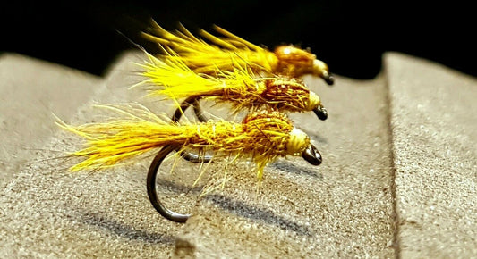 3 x Golden Olive Hares Ear Nymphs Trout Flies | size 12 short shank barbless