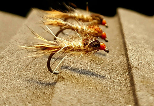3 x Hares Ear Nymphs Trout Flies | size 14 competition barbless (darker tail)