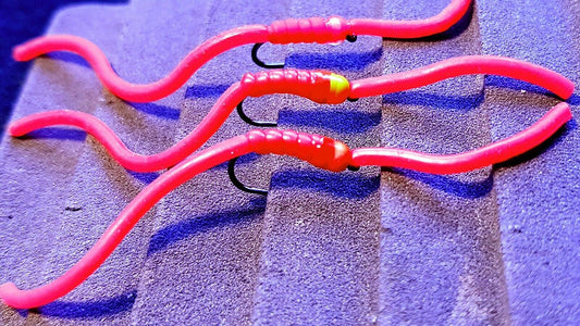 3 x Mix of Squirmy Worms (Red) Trout Flies | Size10 Barbless Hooks