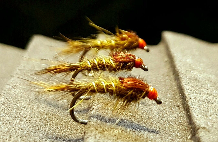 3 x Olive Hares Ear Nymphs Trout Flies- size 14 competition barbless