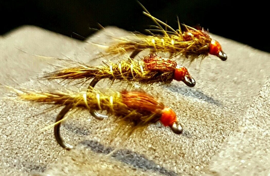 3 x Olive Hares Ear Nymphs Trout Flies- size 14 competition barbless