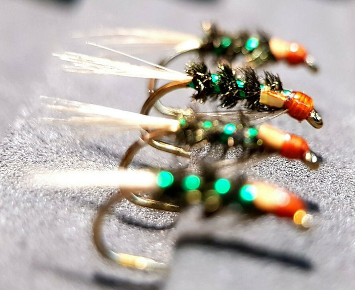 4 x Green Ribbed Diawl Bach Trout Flies / Barbless Fario Size 12 hooks