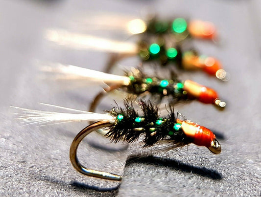 4 x Green Ribbed Diawl Bach Trout Flies / Barbless Fario Size 12 hooks